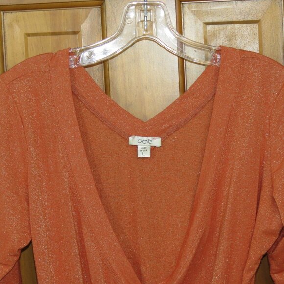 Cache Orange Sparkle Faux Wrap Blouse Deep V 3/4 Sleeve Knit Size Large - Picture 2 of 5